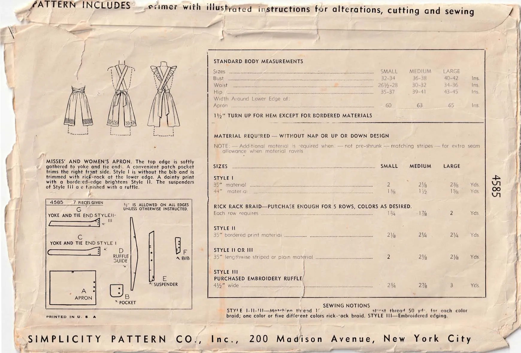 1943 Apron, Original Simplicity 4585 32"-34" bust