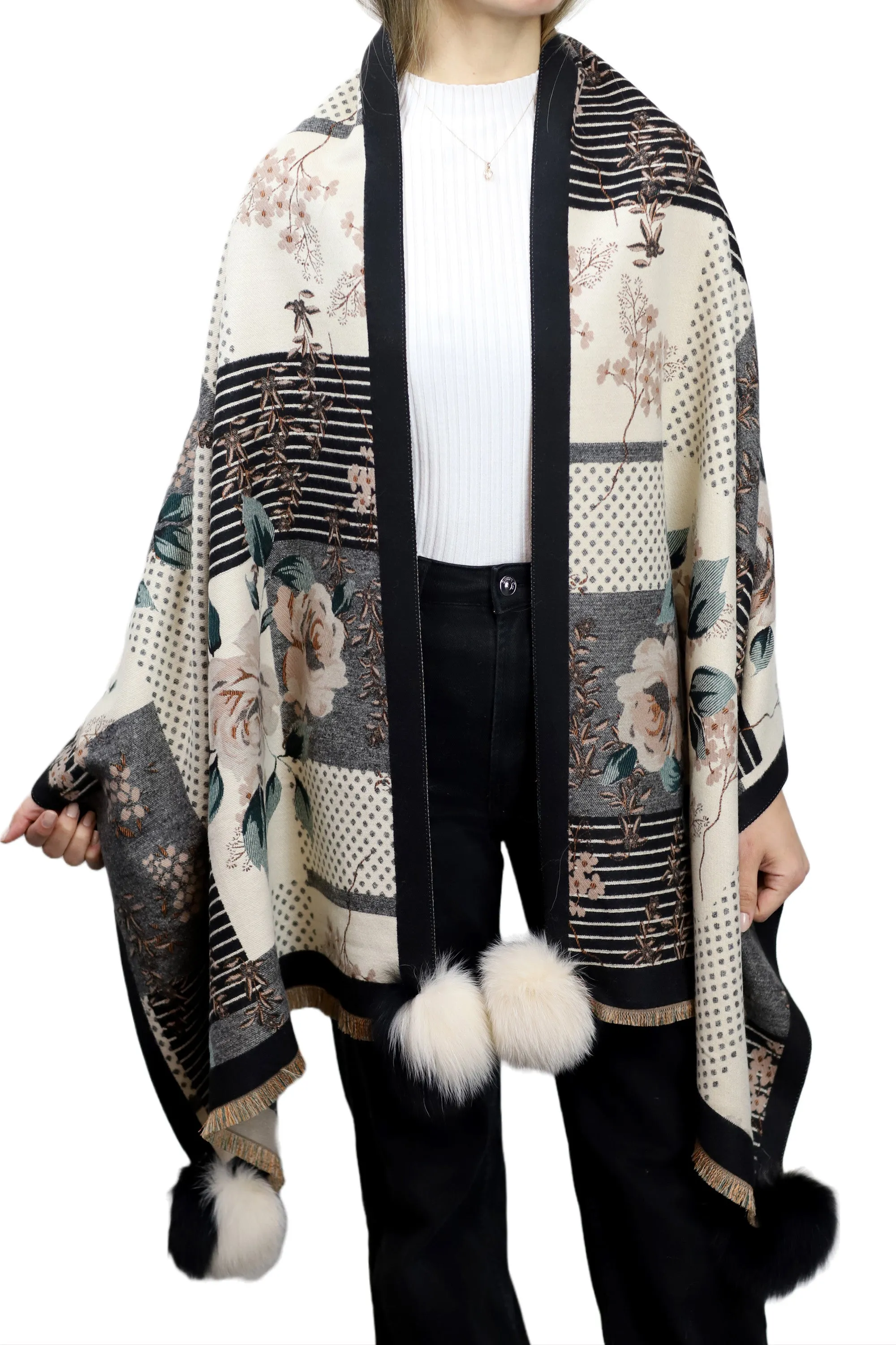 Abstract Floral Print Wrap with Fox Poms - Black & Beige