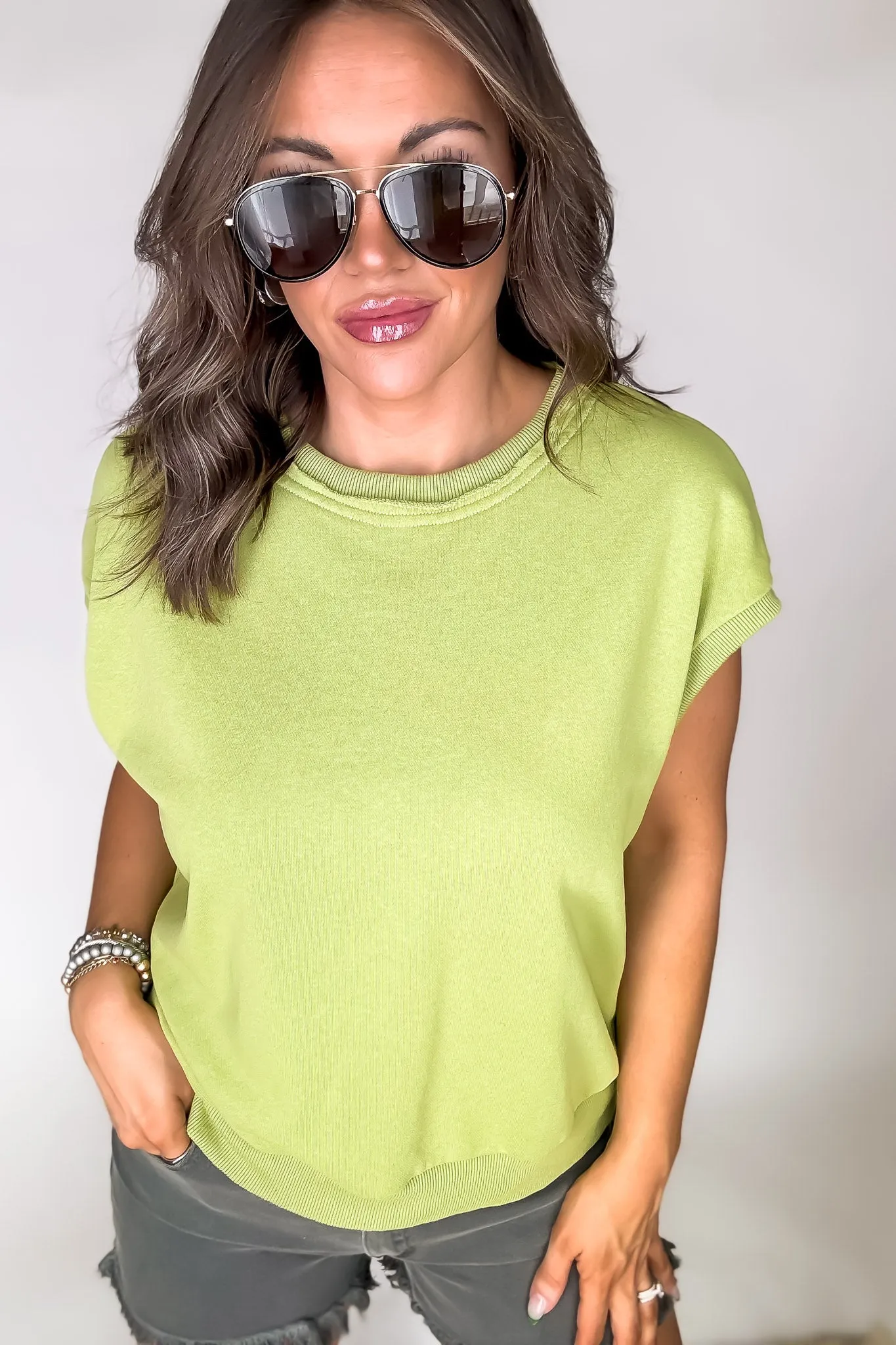 Green With Envy Short Sleeve Boxy Crew Neck Sweat Top