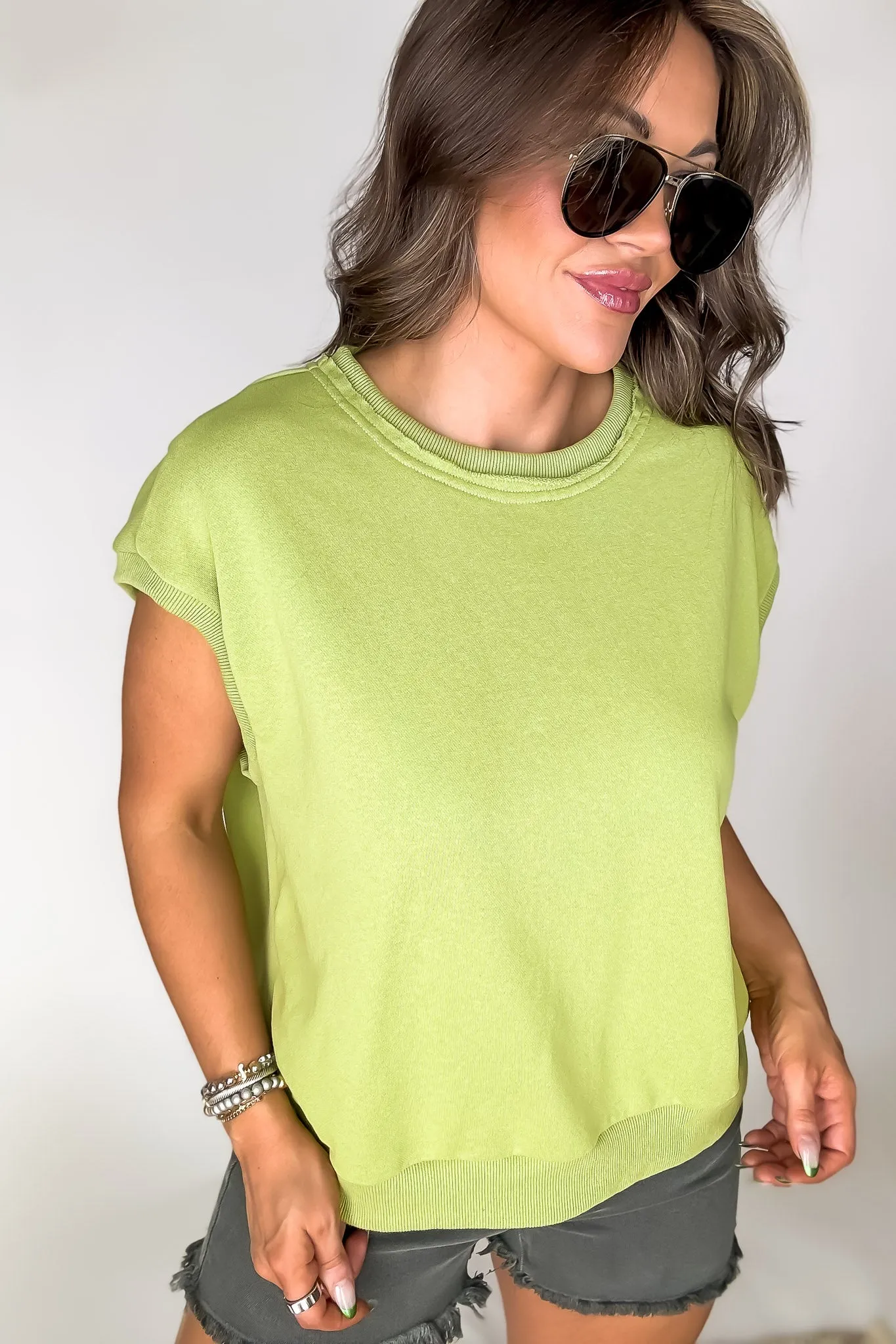 Green With Envy Short Sleeve Boxy Crew Neck Sweat Top