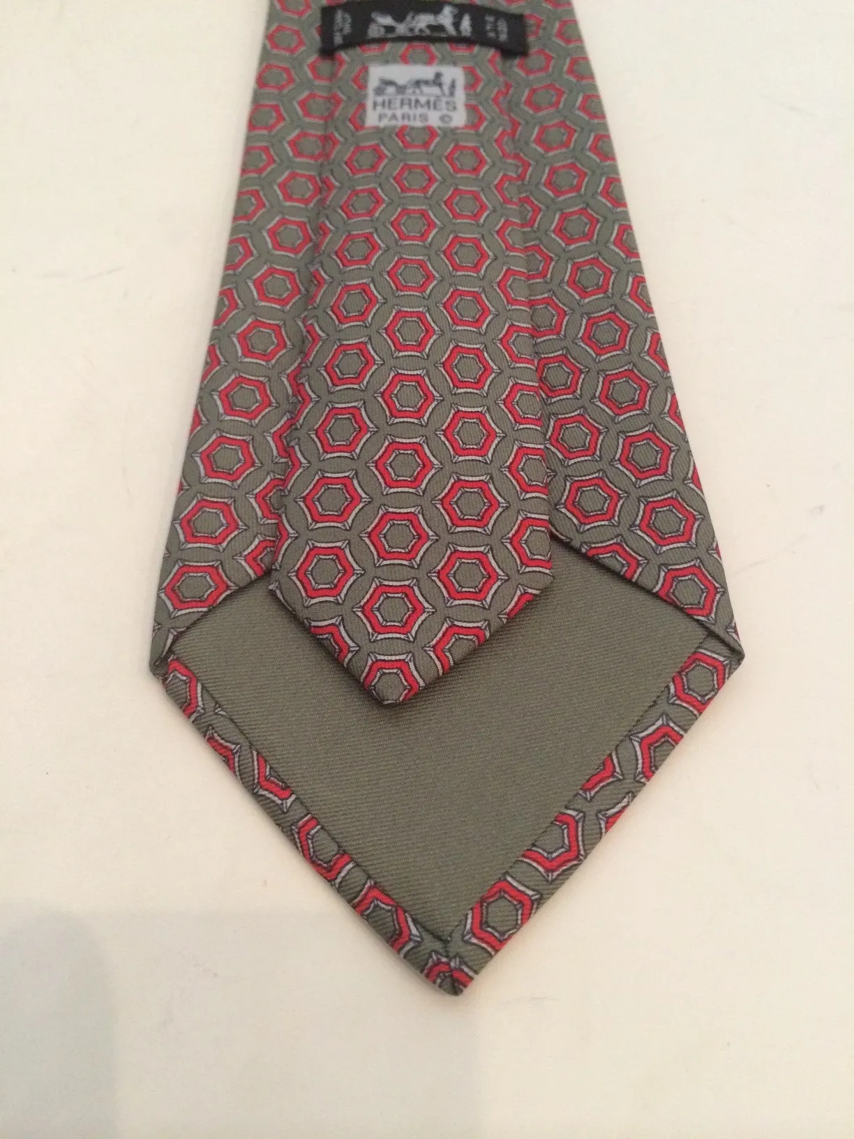 HERMES Sage Multi-color Silk Neck Tie Red White Equestrian Print