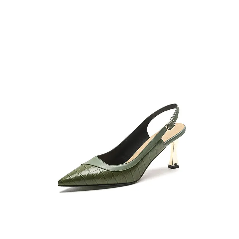 Leather Point Toe Kitty Heel Pumps Sandals 70mm Alligator Print High Heels in Green/Beige