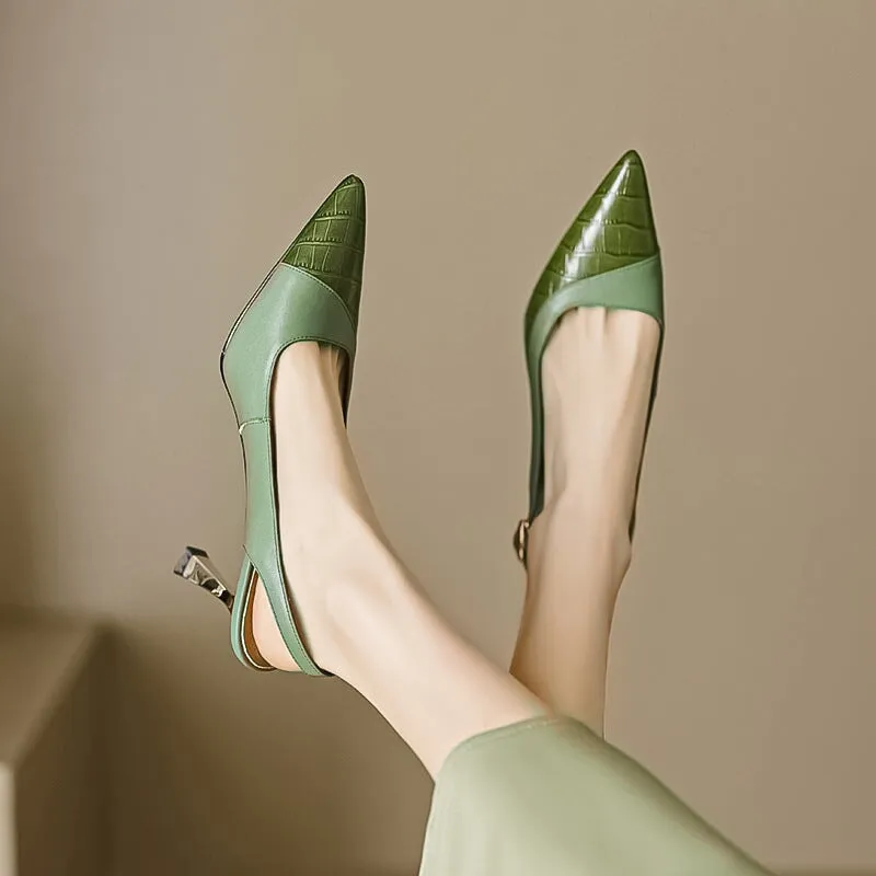 Leather Point Toe Kitty Heel Pumps Sandals 70mm Alligator Print High Heels in Green/Beige