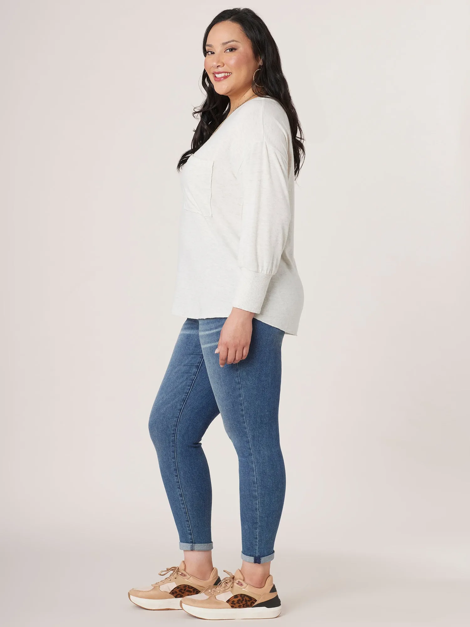 Long Band Sleeve Scoop Neck Pocket Hi-Low Plus Size Knit Top