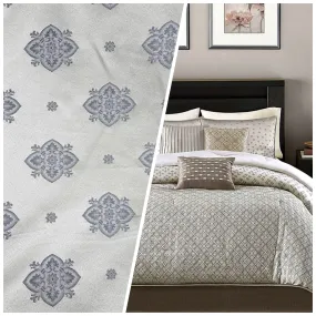 NEW Designer Satin Geometric Floral Drapery Fabric - Silvery Gray