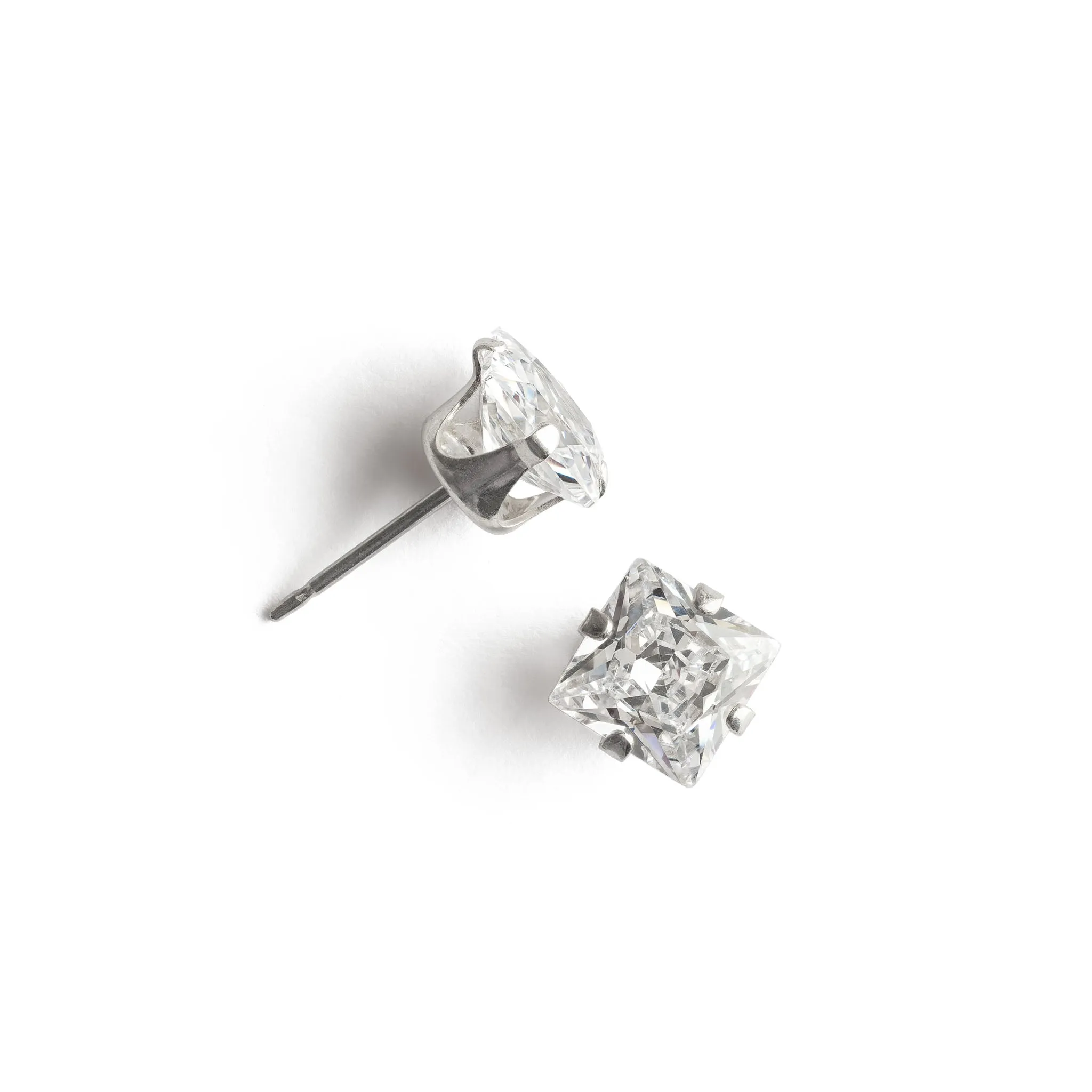 Silver Stud Earrings 6mm Square Crystal