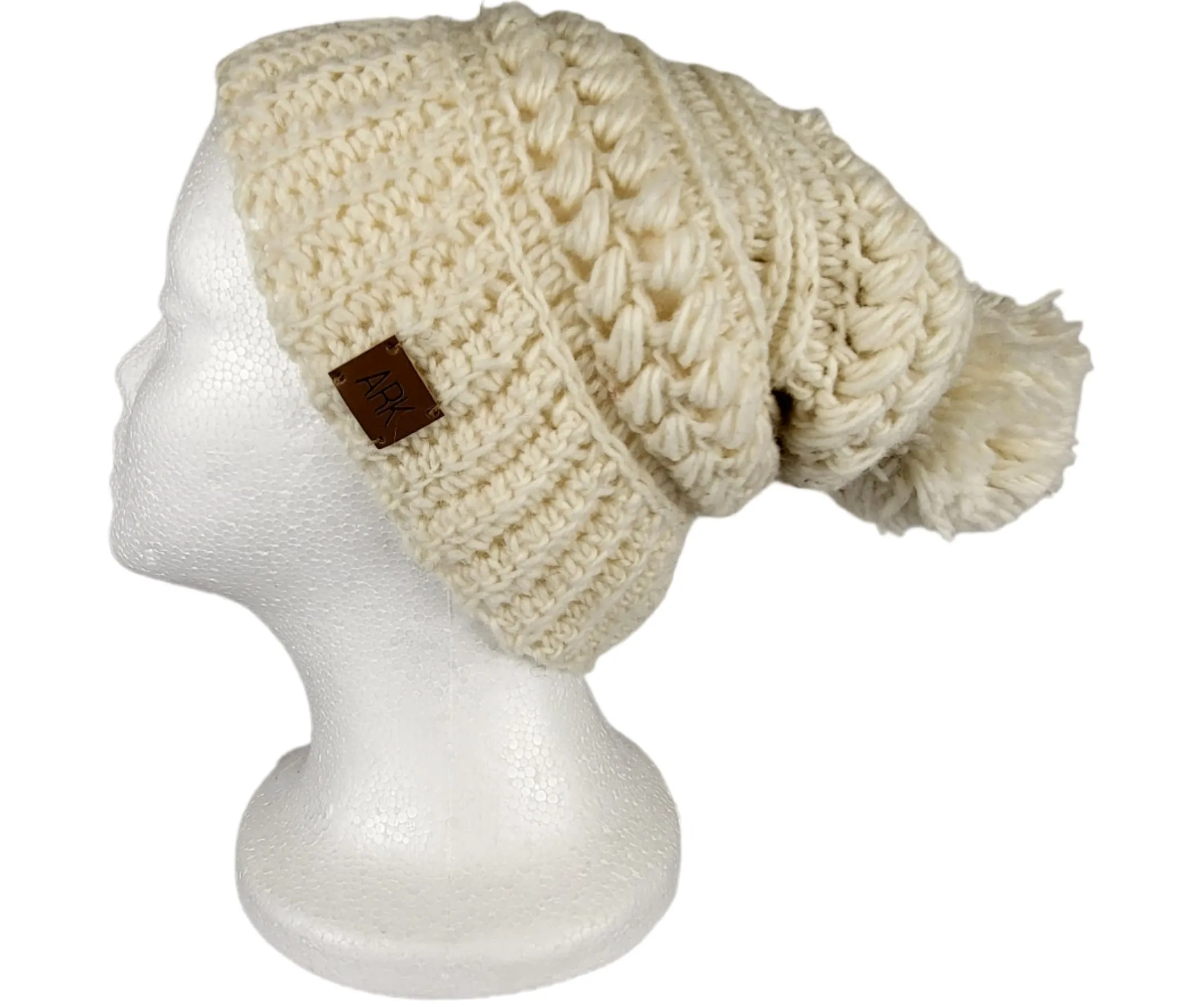 White wool beanie, Crochet Slouch Hat with pom pom, Made from wool on the outside and fleece on the inside