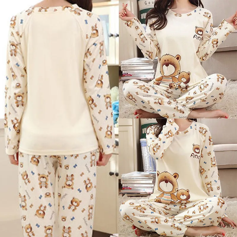 Women's Autumn and Winter Thin Fleece Pajamas Pants Suit – Cute Cartoon Pattern, Soft and Comfortable Home Wear