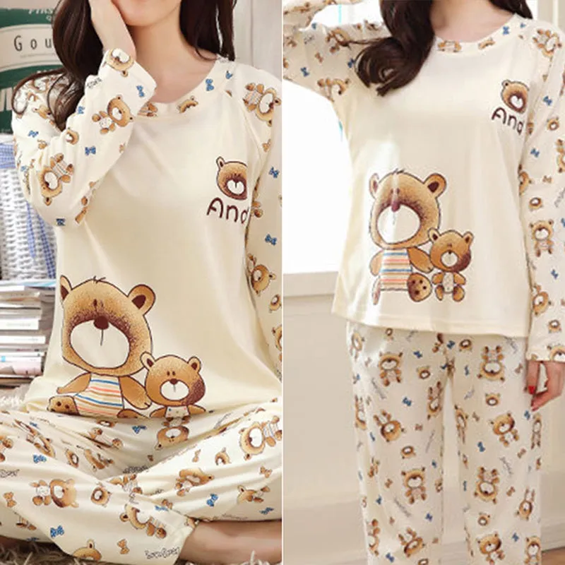 Women's Autumn and Winter Thin Fleece Pajamas Pants Suit – Cute Cartoon Pattern, Soft and Comfortable Home Wear