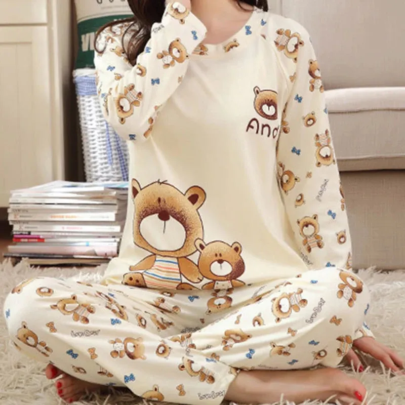 Women's Autumn and Winter Thin Fleece Pajamas Pants Suit – Cute Cartoon Pattern, Soft and Comfortable Home Wear