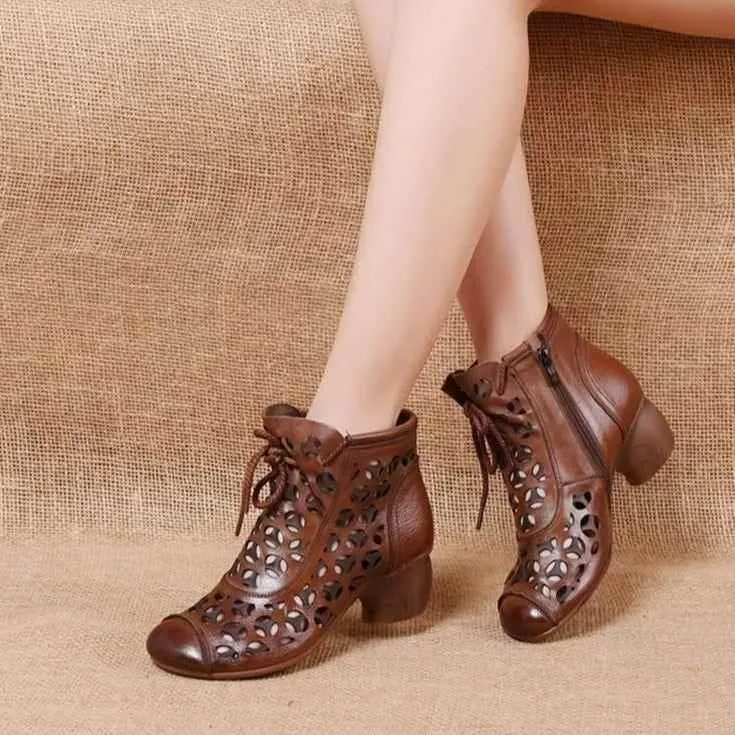 Women's Casual Shoes 2021 Ankle Boots Genuine Leather Med High Heel Back Zipper Boots Breathable Shoes