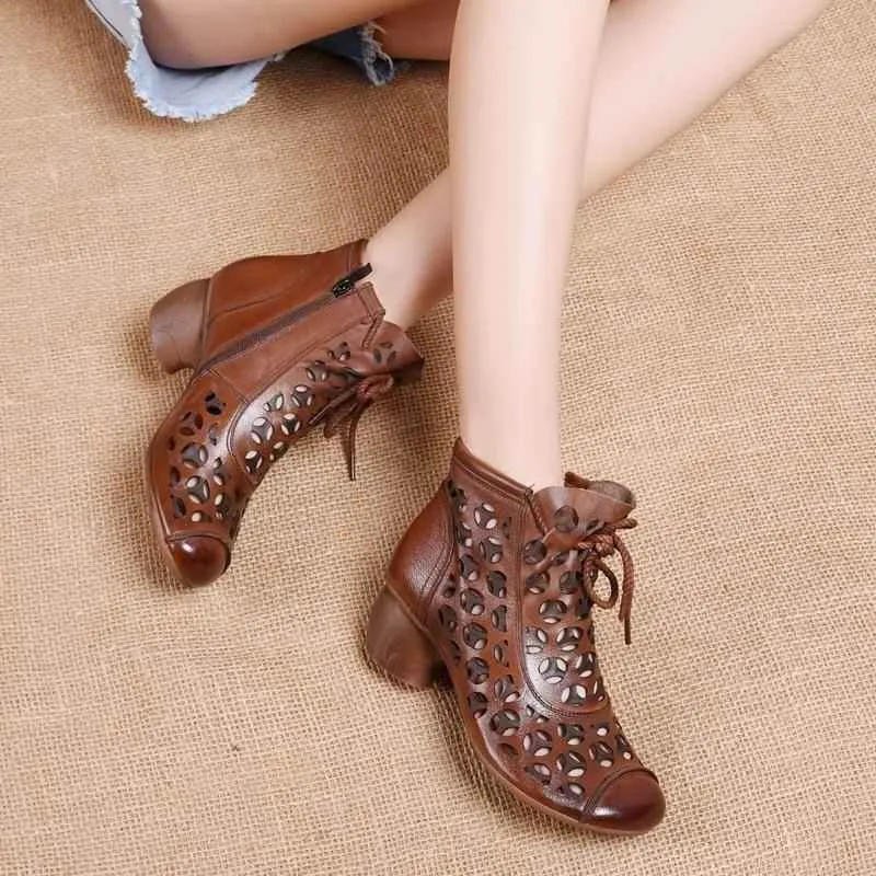 Women's Casual Shoes 2021 Ankle Boots Genuine Leather Med High Heel Back Zipper Boots Breathable Shoes