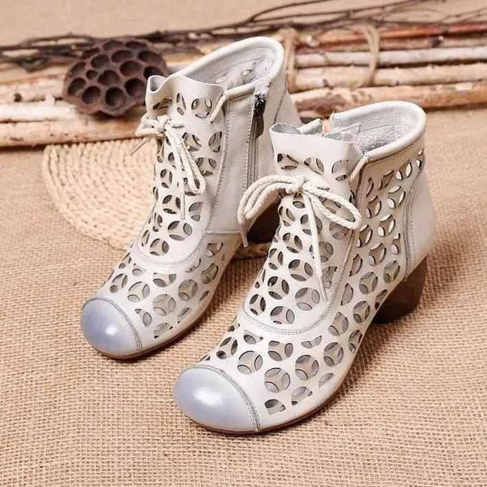 Women's Casual Shoes 2021 Ankle Boots Genuine Leather Med High Heel Back Zipper Boots Breathable Shoes