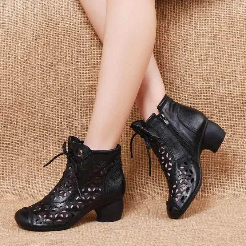 Women's Casual Shoes 2021 Ankle Boots Genuine Leather Med High Heel Back Zipper Boots Breathable Shoes