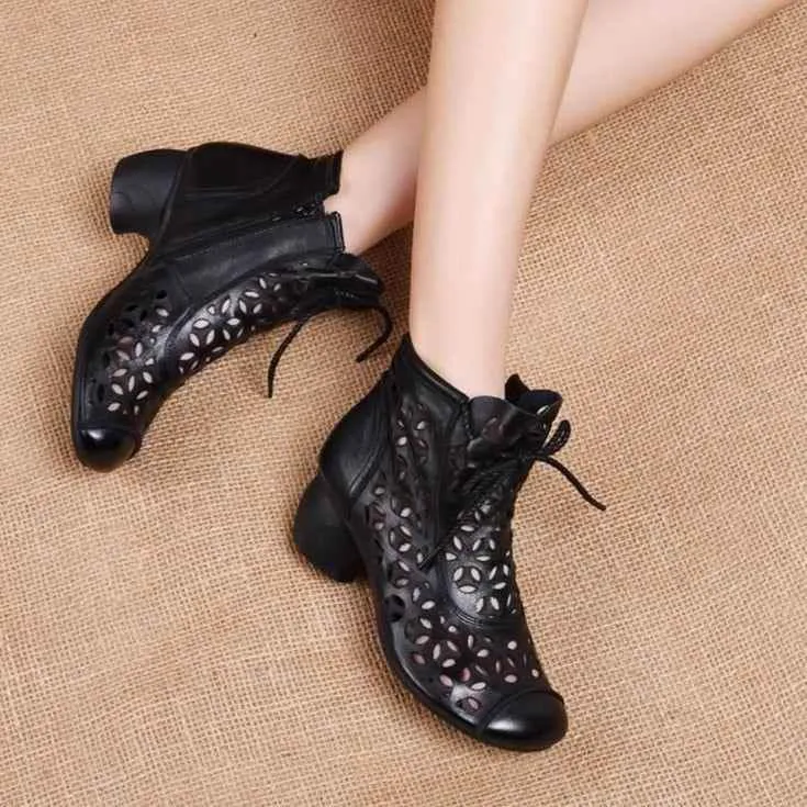 Women's Casual Shoes 2021 Ankle Boots Genuine Leather Med High Heel Back Zipper Boots Breathable Shoes