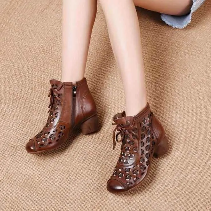 Women's Casual Shoes 2021 Ankle Boots Genuine Leather Med High Heel Back Zipper Boots Breathable Shoes