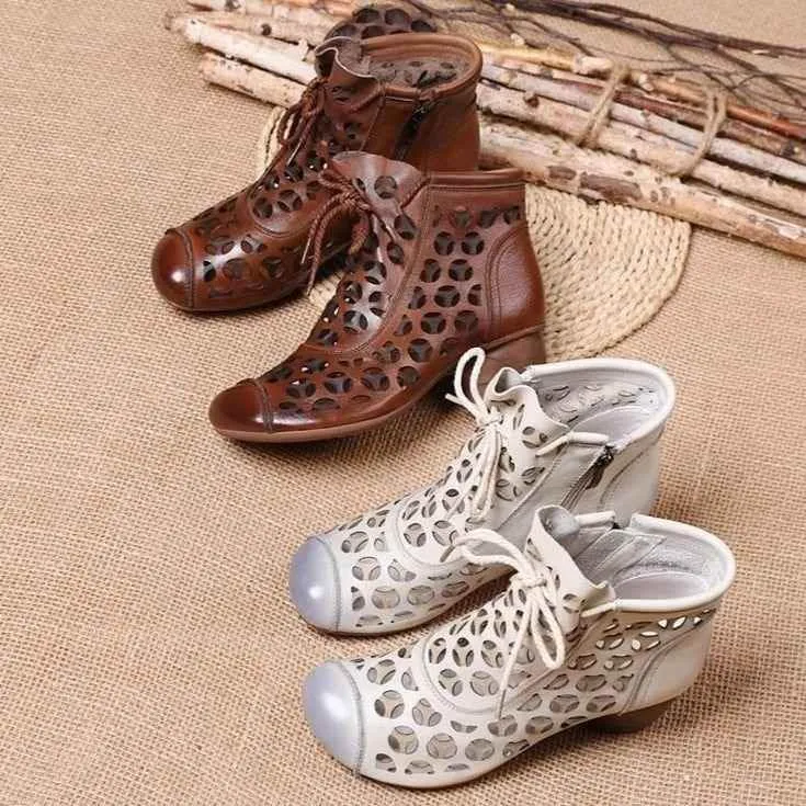 Women's Casual Shoes 2021 Ankle Boots Genuine Leather Med High Heel Back Zipper Boots Breathable Shoes